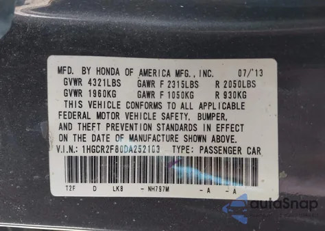 2013 Honda Accord Sdn Ex-L z USA, uszkodzony, nr VIN 1HGCR2F80DA252103